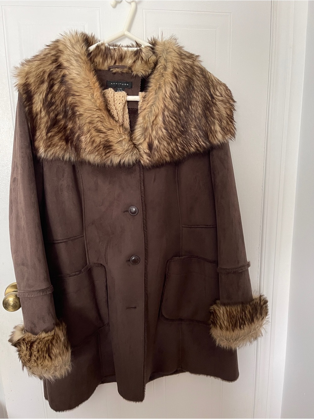 Attitude Brown Faux-Suede Coat with Faux Fur Trim